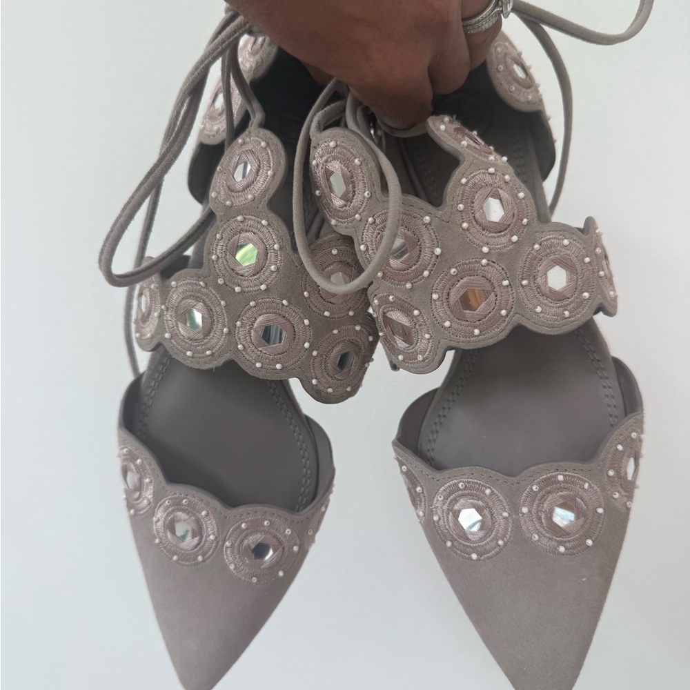 Tory Burch Gray Heels with Floral Appliqué and Rhinestones